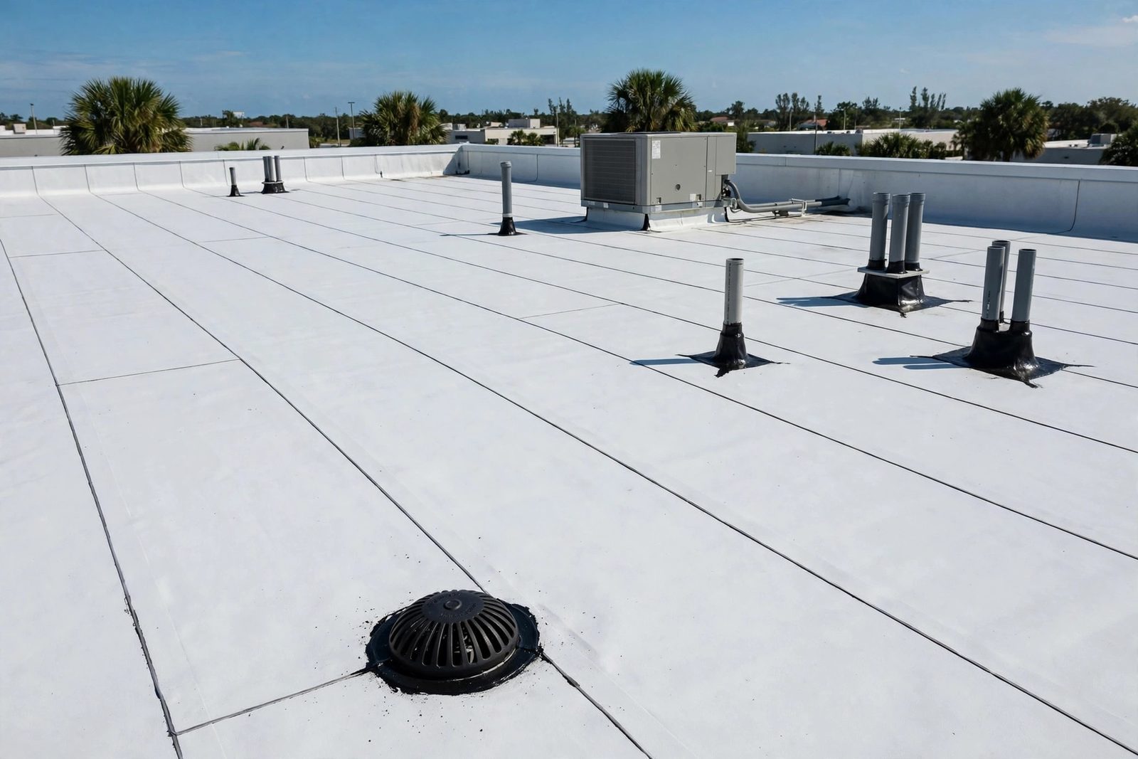 White TPO membrane flat roof on a commercial building