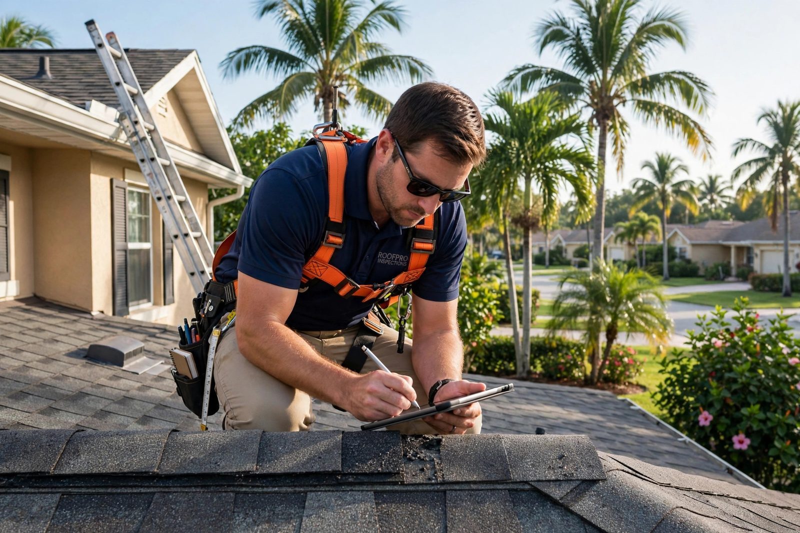 Roof inspector examining a residential roof with a tablet