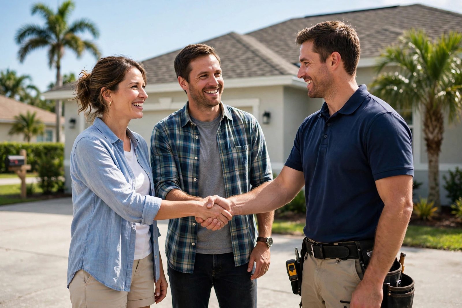 Homeowner shaking hands with roofer in front of a new roof